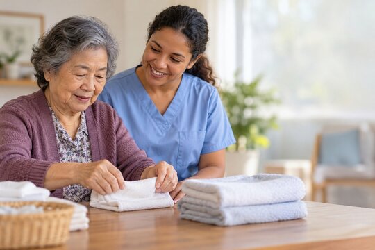 Senior asian woman folding white towels with smiling hispanic caregiver in blue scrubs at table, daily living activity in care home