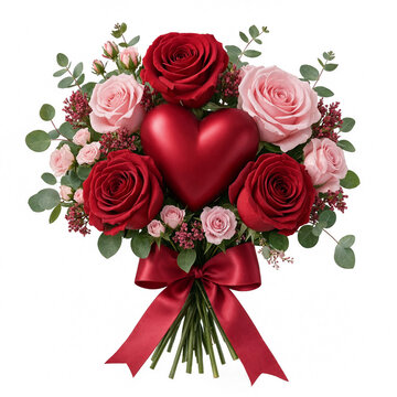 Beautiful romantic bouquet of red and pink roses with a central heart decoration tied with a silk ribbon transparent background