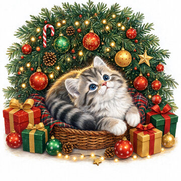 Cute fluffy kitten sitting in a basket under a decorated Christmas tree with presents and glowing lights transparent background