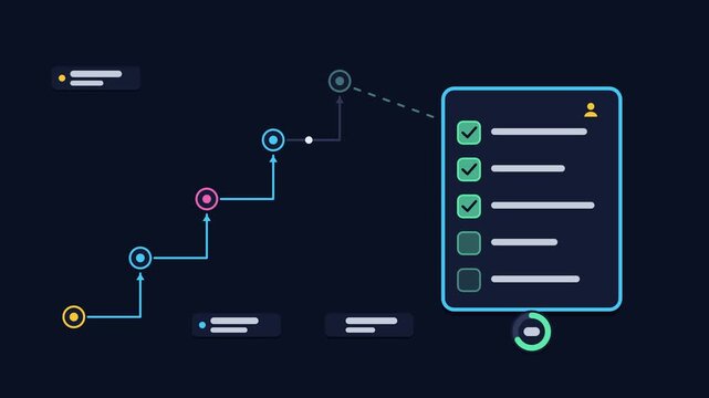 Seamless 4K looping animation explaining onboarding checklist, with the diagram guiding newcomers. Flat vector shapes, glowing blue and azure connector lines and dark UI cards with blank text placehol
