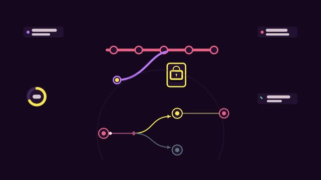 Seamless 4K looping animation explaining branch protection rules, with the diagram guarding mainline. Flat vector shapes, glowing purple and violet connector lines and dark UI cards with blank text pl