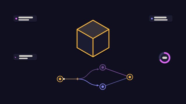 Animated build cache reuse concept in a modern dark mode style, skipping rebuilds in a smooth 4K seamless loop. Neon purple and violet accents, flowing dots and placeholder interface cards on a dark b