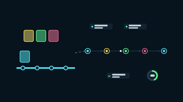 Animated merge queue serialization concept in a modern dark mode style, landing changes in a smooth 4K seamless loop. Neon teal and turquoise accents, flowing dots and placeholder interface cards on a