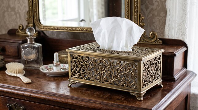 Ornate antique brass tissue box cover on wooden vanity table