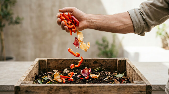 Person dropping organic vegetable scraps into a wooden compost bin for recycling.