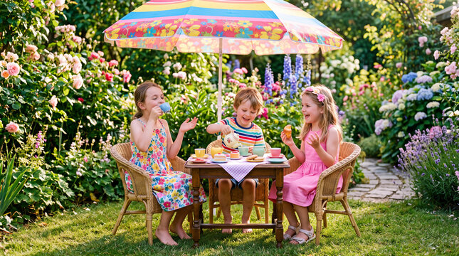 bright editorial lifestyle photo of three children having a playful pretend tea party under a colorful garden parasol, miniature cups, toy pastries, funny elegant poses, bright summer outfits