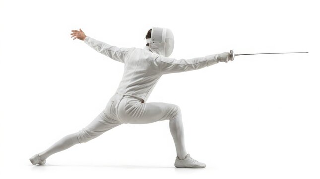 Professional fencer executing a forward lunge in white protective