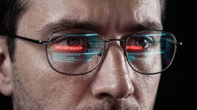 Close-up of man wearing glasses with system breach reflection, capturing cybersecurity threat and digital hacking concept for IT security marketing and network protection awareness.