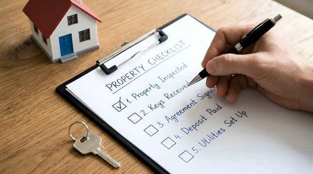 Real estate agent's hand writing on a property inspection checklist with a house and key nearby, representing home buying or selling process