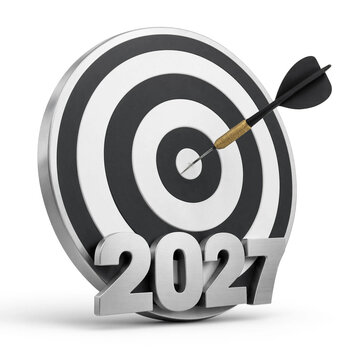 Dart hitting the center of a target with the year 2027 displayed in metallic numbers transparent background