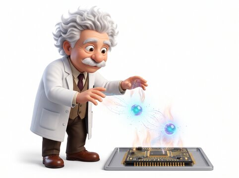 Scientist Mascot Manipulating Two Magnetically Levitating Spheres Over Silicon Chip for Quantum Computing