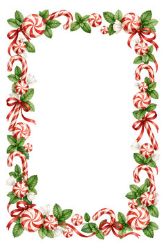 Watercolor Christmas Frame of Peppermint Candies and Candy Canes