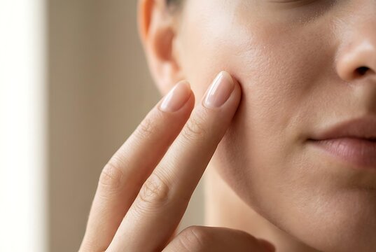 Close up of woman facial skin texture showing pores and hand touch, professional skin texture analysis for beauty treatment and healthy skin texture dermatology concept.