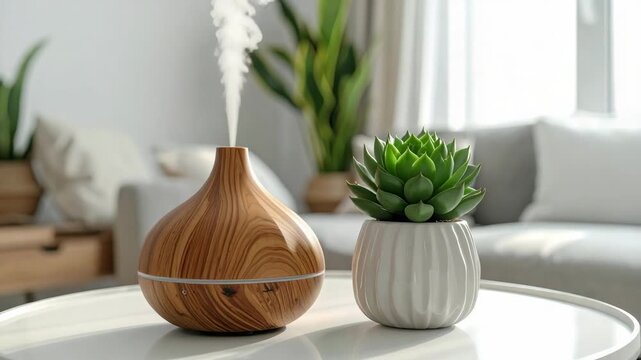 Aromatherapy diffuser and succulent plant on a table in a bright room