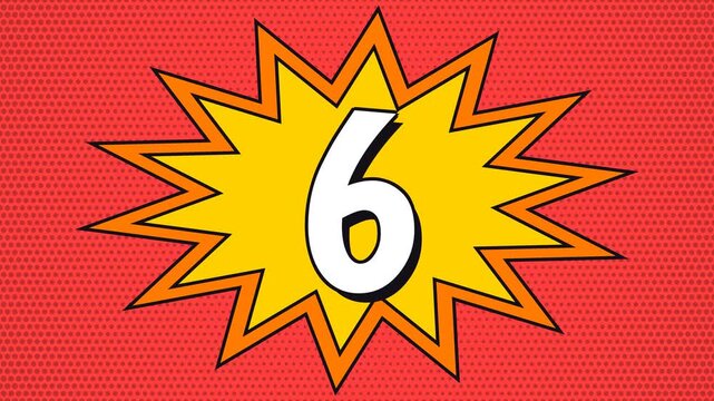 Comic book style countdown timer showing numbers 10, 5, and 0 in pop art bursts on a red background