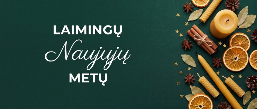 Happy New Year Lithuanian greeting text Laimingu Naujuju Metu on dark green background with rustic holiday flat lay decorations dried orange slices cinnamon sticks beeswax candles and star anise banne