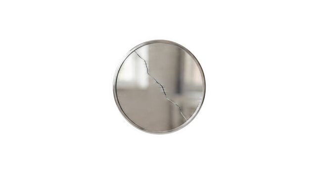 Circular mirror with a silver metal frame displays a single diagonal crack on its reflective glass surface.