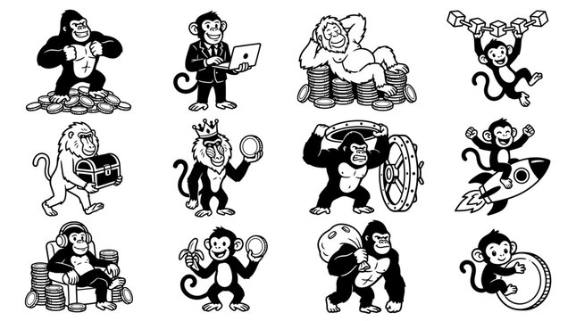 Set of primate mascot characters in various business and finance