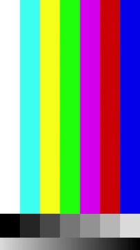 Vertical TV test pattern with VHS glitches, color bars and intermittent signal distortion vertical stock video