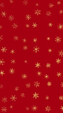 Golden Snowflakes Pattern on Red Background animation,Seamless Christmas Ornament Wallpaper for Winter Holiday Sale and Celebration Videos Vertical Social Media Motion Background
