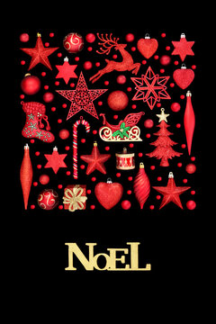 Christmas gold Noel sign with red tree bauble decorations and holly berries on black background. Festive Xmas decorative design for holiday season.