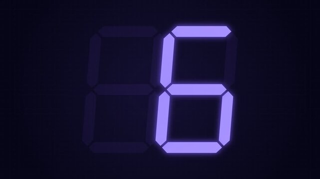 Digital timer display showing countdown from 00 to 05 to 10 with purple glowing segments on a dark background