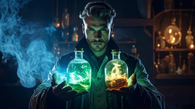 Alchemist holding glowing potions in a mysterious laboratory