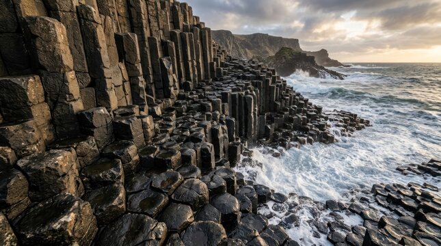 Natural hexagonal rock formations by the ocean