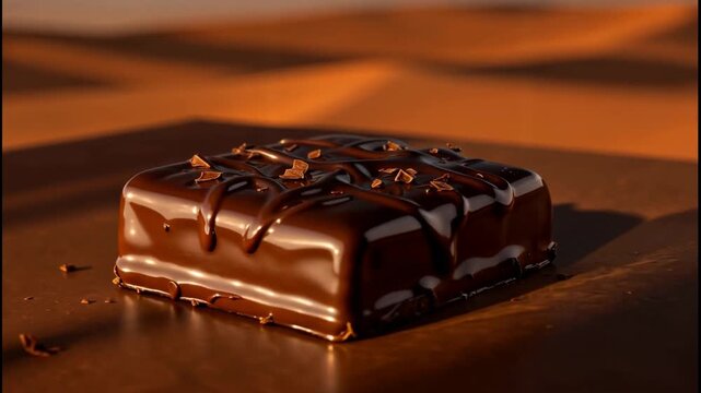 Glossy chocolate dessert with drizzled topping and crushed nuts on sandy surface at sunset