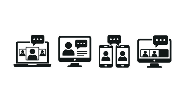 Black silhouette icons of video conferencing and digital remote communication tools for virtual meetings and online corporate collaboration software use.