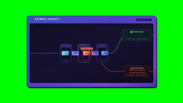 High-end 2.5D technology motion graphic on solid chroma green screen visualizing digital payment security: five transaction tokens flow through three dimensional inspection gates