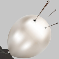 Fototapeta premium Minimalistyczna ilustracja konceptualna igieł przebijających nadmuchany balon, metafora kruchego ego i pękającej iluzji