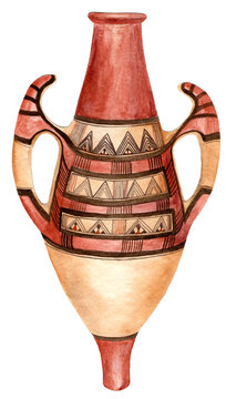 Algerian water jug from Tafsa Bou Machr, 20th century. Traditional Kabyle terracotta amphora with anthropomorphic female shape and curved handles, painted with red geometric patterns. Artwork.