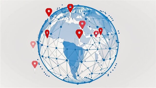 Global network of interconnected locations with map pins on a stylized Earth representing travel logistics and worldwide connection