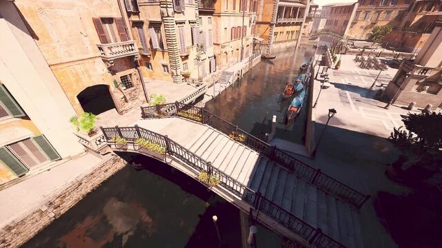 Nestled in an old town, vibrant buildings line the calm water of the canal. A graceful bridge arches over the gentle flow, while sunlight casts inviting shadows on the cobblestones.