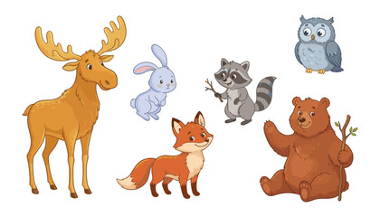 Fototapeta premium Cute cartoon forest animals vector set with funny happy moose rabbit fox raccoon owl and bear characters isolated on white background