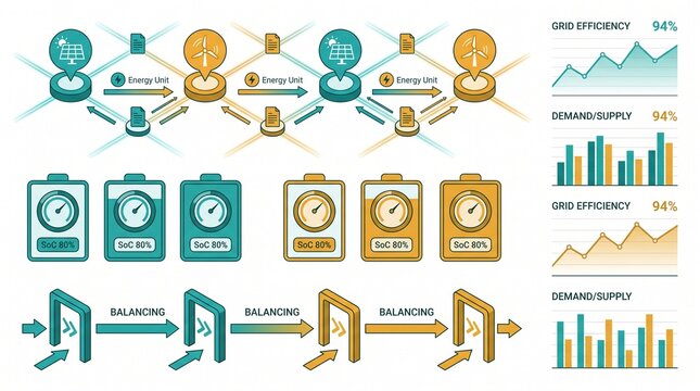 Professional smart energy grid management dashboard with battery storage level monitoring and electrical power distribution data visualization icons