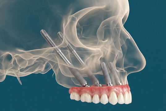 3D medical illustration of zygomatic dental implants anchored in transparent human skull with upper full-arch denture prosthesis, for dental surgery education and clinic marketing