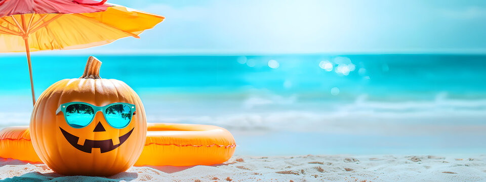 A Halloween pumpkin wearing sunglasses next to an inflatable beach ring and beach umbrella on a tropical beach against a backdrop of the ocean and clear sky