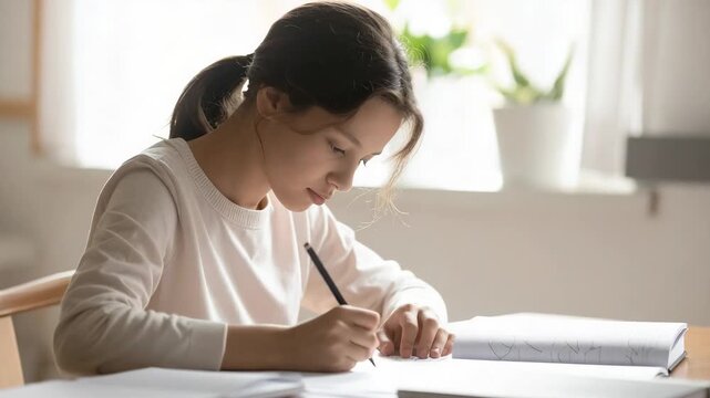 Focused Young Girl Writing Homework at Desk in Bright Room