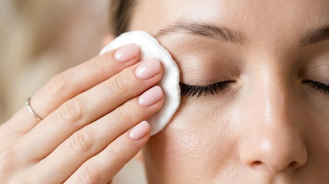 Woman cleaning face with cotton pad as part of her daily skincare routine, focusing on eye skincare routine for clean skin and effective skincare routine results.
