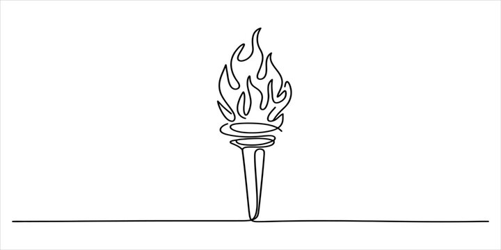 Continuous single line drawing of a burning torch with fire flame representing success competition victory and sports event symbol in minimalist style