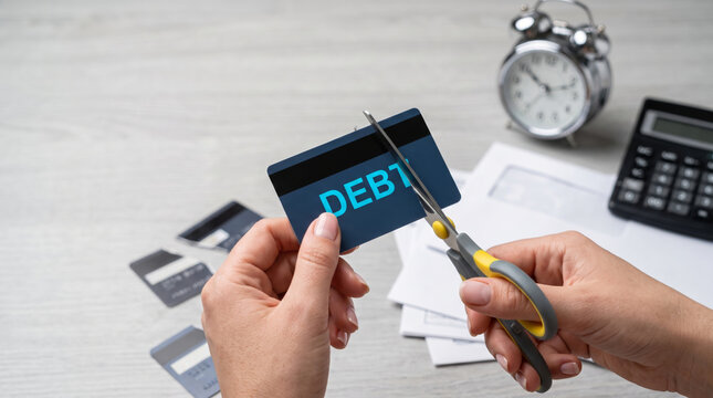 Credit card cut with scissors for debt control. Finance crisis recession problem. bankruptcy bankrupt destroy loss, debt loan pay spending poverty