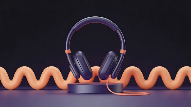 Audio waveform sound wave concept featuring modern over-ear headphones with a flowing cable on a display pedestal