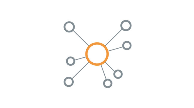Abstract network diagram showing central orange node connecting multiple grey circular shapes via lines
