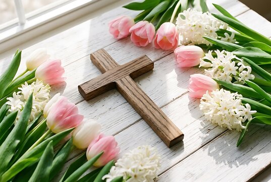 Wooden Easter cross surrounded by pink tulips and white hyacinths on a white table, a beautiful Easter cross symbol for spring celebrations and Easter cross religious holiday concept.