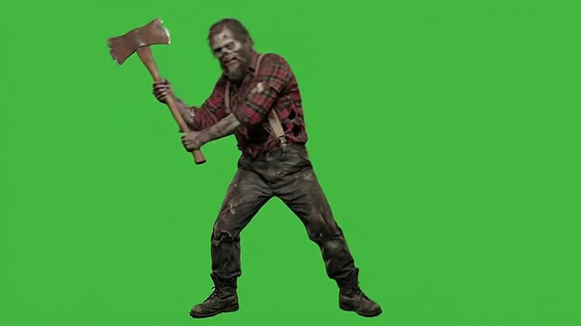 Halloween zombie lumberjack swinging an axe on green screen