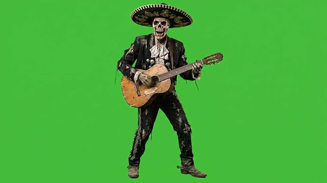 Halloween zombie mariachi playing guitar on green screen background