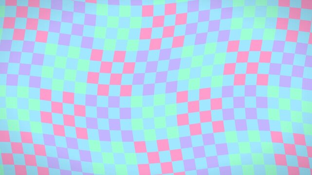 Wavy checkered pattern in pastel colors of pink blue and green creating a psychedelic optical illusion effect