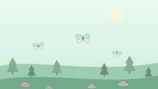 Soft pastel paper cut loop animation of moths flying over a pine forest and mushrooms. Papercut mint green background with fluttering moths, pine forest, and glowing sparkles loop